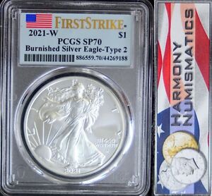 2021 W TYPE 2 BURNISHED SILVER EAGLE PCGS SP70 First Strike Flag Label
