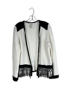 Chico's knit sweater cardigan jacket saz 1 M white black fringe tassel trim