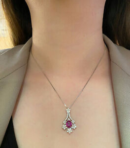 GIA 1.94 UnHeated Ruby Pendant Necklace w/ Round Diamonds in Platinum - HM2419BB