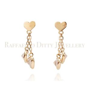 Real 14K Yellow Gold Dangle Earrings Solid Heart Long Drop Mother's Day Gift