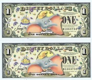 WDW 2 CONSECUTIVE 2005 D $1 Disney Dollars Barcoded MINT UNC Dollar Dumbo