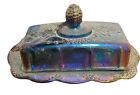 Blue Carnival Glass Covered Butter Dish Indiana Harvest Grape Iridescent 8