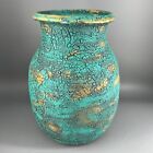 Raku Pottery Turquoise and Gold Vase Large Pot Artist Signed, Rough Textured