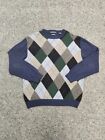 NORTHERN ISLES Sweater Men Large 100% 2-Ply Cashmere Argyle Blue Crewneck VTG