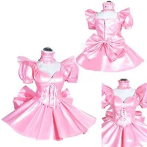 Girl Sissy Sexy maid Pink Satin Lockable Dress Cosplay Costume Tailored