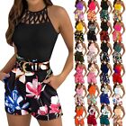 Women's Two Pieces Set Sleeveless Floral Tank Tops & Shorts Outfits With Belt