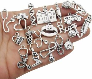10 Nurse Charms Doctor Pendants Themed Antiqued Silver Assorted Medical Jewelry