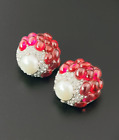 Vintage Signed Boucher Ruby Glass Domed Cabochon Pavé & Pearl Earrings