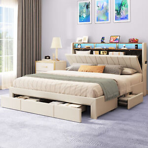 King Size Bed Frame LED Storage Platform with Upholstered Headboard &4 Drawers