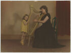 MOTHER PLAYS HARP DAUGHTER STANDS ON TOES BALLET SLIPPERS ANTIQUE PHOTOGRAVURE