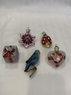 Lot of 5 Vintage Old World Germany Christmas Glass Ornaments Lady Bug Parakeet