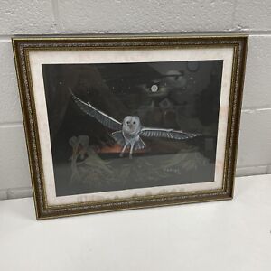 ORIGINAL VINTAGE RETRO Framed Art Atwood Drawing LeBusque Owl Animal Cafe Bar