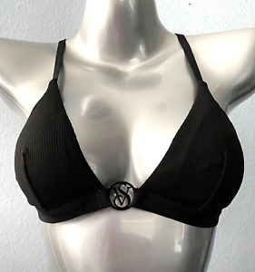 Victorias Secret Nwt Black Ribbed Triangle Logo Hardware Swim Bikini Top Large
