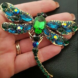 Crystal Rhinestone Green Dragonfly Animal Insect Brooch Pin Women Gift Jewelry