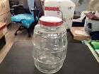 New ListingVintage Clear Glass Large Barrel Pickle Jar with Wire Bail/Red Top & Handle Nice