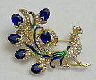 Peacock Bird Crystal Rhinestone Brooch Pin Vintage Green Enamel Blue Glass Birds