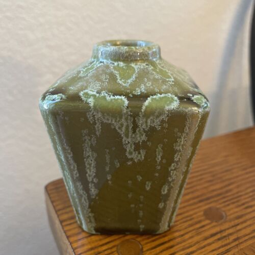 Small Square Studio Pottery Vase Olive, Green Glazes Crystalline Reactive 3.5