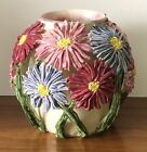 Vintage Artist Signed Handmade Clay Pottery 3D Figural Mum Flowers Overlay Vase