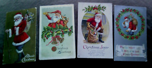 4 VINTAGE CHRISTMAS POSTCARDS ALL W/ OLD STYLE SANTA CLAUS W/ BAGS OF TOYS,EMBOS
