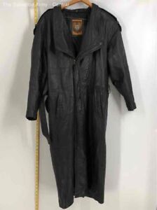 IOU Mens Black Leather Collared Belted Long Sleeve Trench Coat Size Medium