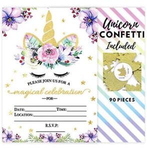 Unicorn Birthday Invitations With 90 Unicorn Confetti Girls Slumber Party Qty 12