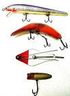 4 Fishing Lures Old Chippy Paint Well Used For Display Or Fishing Careful Sharp!