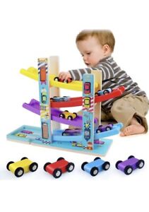 Montessori Toys for Toddlers, Children Race Track Toy with 4 Cars and 1 Wooden