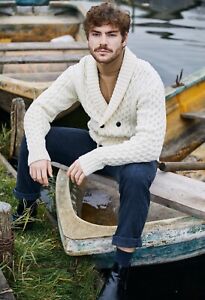 SAOL Aran Irish Fisherman Sweater Shawl Cable Knit 100% Merino Wool Cardigan