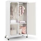 Storage Wardrobe Cabinet Mobile Armoire Closet w/ Hanging Rod & Adjustable Shelf