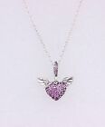 PANDORA 925 Silver Pave Heart & Angel Wings Pink Necklace with Box