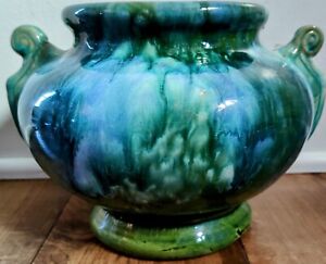 McCoy Brush Art Pottery Onyx Drip Blue Green Handled Vase Planter