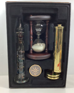 Mariner’s Brass Compass, Galileo Thermometer, Quarterhour Hourglass, Brass Kal