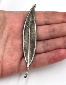 Vintage 925 Sterling Silver Textured Leaf Shape Brooch Pin 2.25