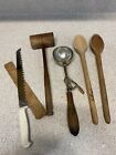 Vintage Kitchen Gilchrist Ice Cream Scoop Kelloggs Wood Spoon Quikut Bread Knife