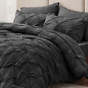 Queen Comforter Set - 7 Pieces Pintuck Bedding Sets Queen Size, Black Bed Set...