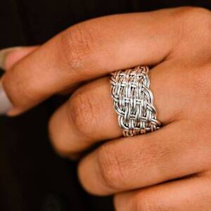 Wide Retro Woven Braided Wide Band Ring 925 Sterling Silver Ring Women Gift Ring