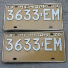 Error! 1970 Michigan 3633-EM License Plate PAIR Set - NO Great Lakes State STAMP