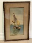 Antique Watercolor Painting Seascape Sailboat W/ Period Frame