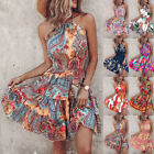 Womens Boho Floral Strappy Mini Dress Ladies Summer Beach Holiday Swing Sundress