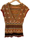 Vintage Womens Knit Sweater V-neck Autum Orange Brown Short Sleeve Lightweight S