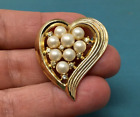 Vintage Signed Crown Trifari Heart Brooch Pin Gold Tone Faux Pearl Rhinestone