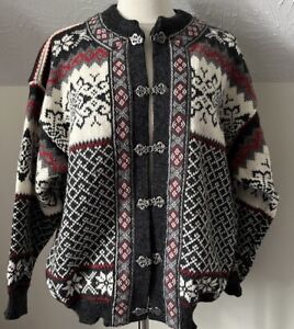 Norwegian NORDSTRIKK Wool Fair Isle Knit Nordic Clasp Cardigan Sweater Size L XL