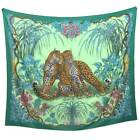 HERMES Pareo Stole Shawl Green Multicolor Jungle Love Cotton Leopard Women