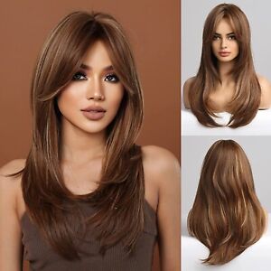 100% Human Hair New Women's Long Light Brown Blond Straight Full Wigs 24 Inch