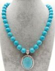 Natural 10mm Blue Turquoise Round Gemstone Beads Pendant Necklace 18