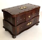 ANTIQUE-BRASS RIVETED-MAHOGANY-SILK LINED-COMPARTMENT-JEWELRY BOX-DRESSER BOX