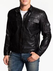 New Leather Jacket Mens Biker Motorcycle Real Leather Coat Slim Fit Black #1209