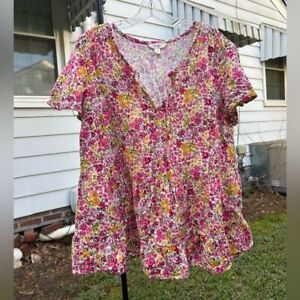 TERRA & SKY top size 0X XL pink yellow floral babydoll boho shirt ruffle