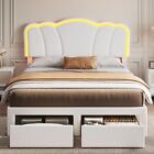 Queen Bed Frame with 2 Drawers Upholstered Platform Bed with LED Headboard White
