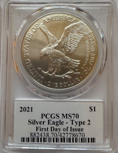 2021 AMERICAN SILVER EAGLE FIRST DAY OF ISSUE TYPE 2 PCGS MS 70